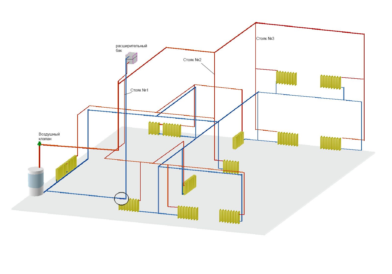 схема радиаторного отопления двухэтажного дома